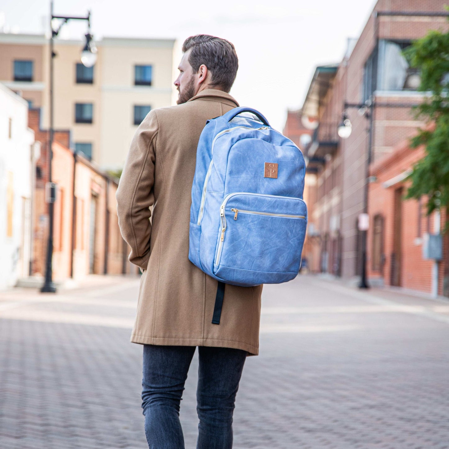 Sole Premise Baby Blue Leather Commuter Backpack