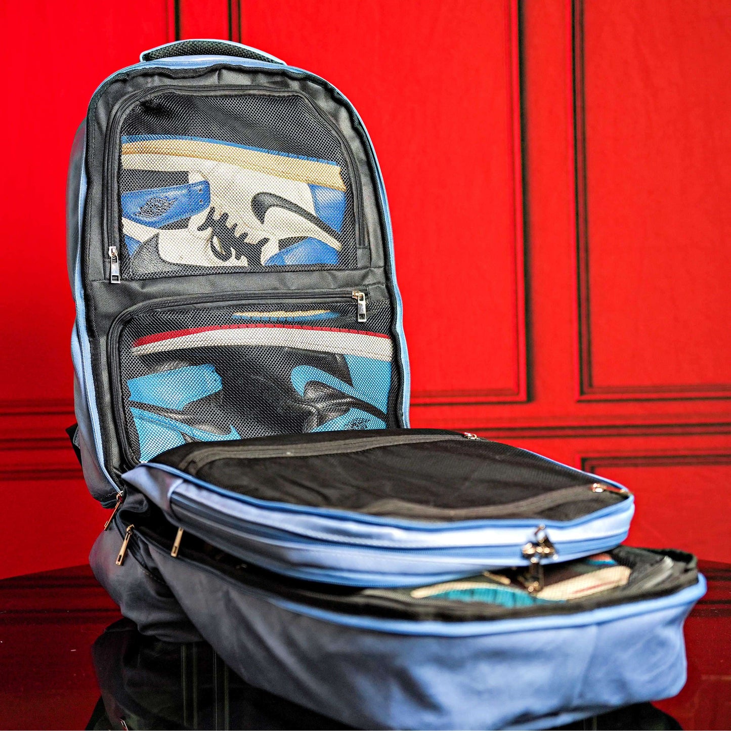 Sole Premise Baby Blue Leather Carry-On Patented Backpack