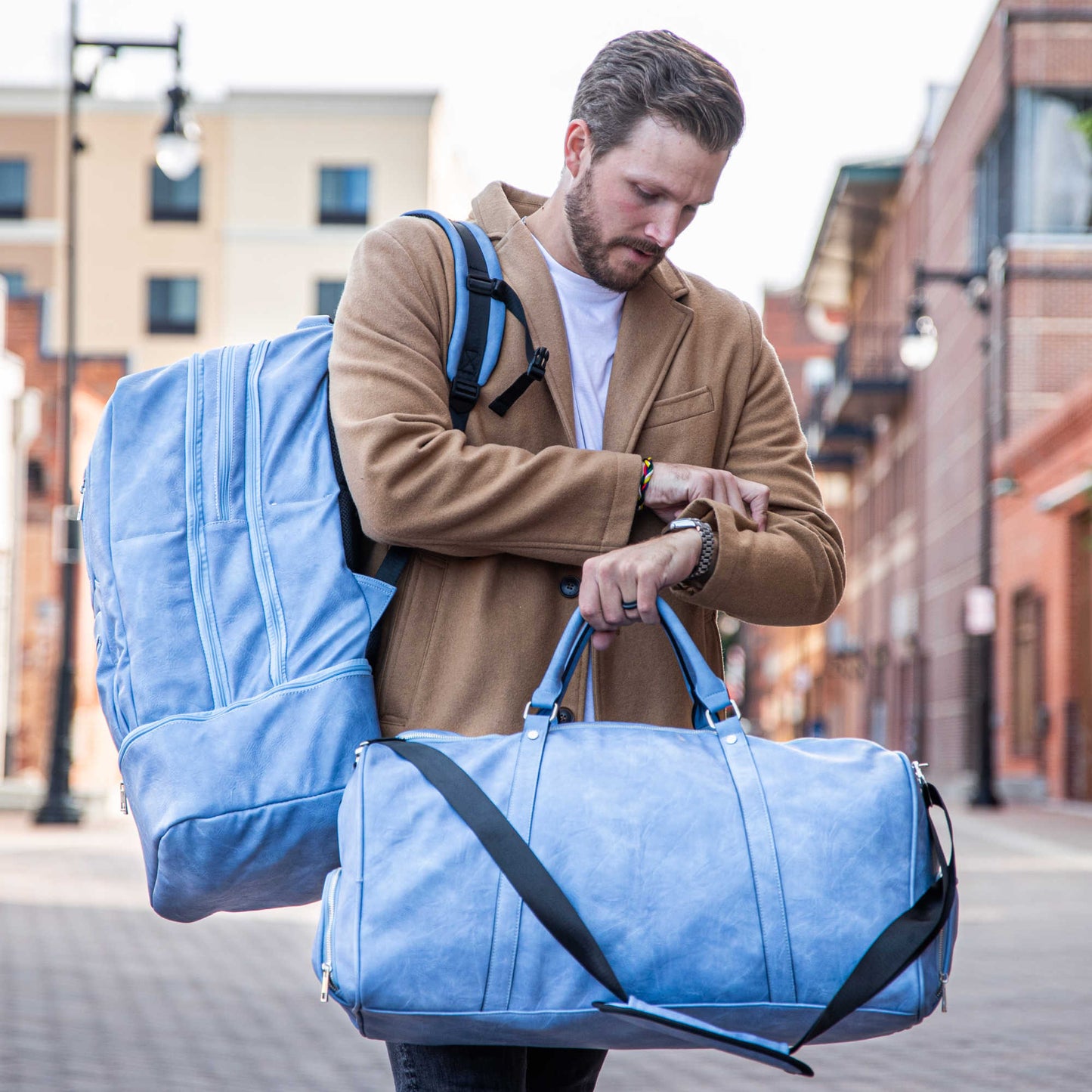 Sole Premise Baby Blue Leather Carry-On Patented Sneaker Backpack