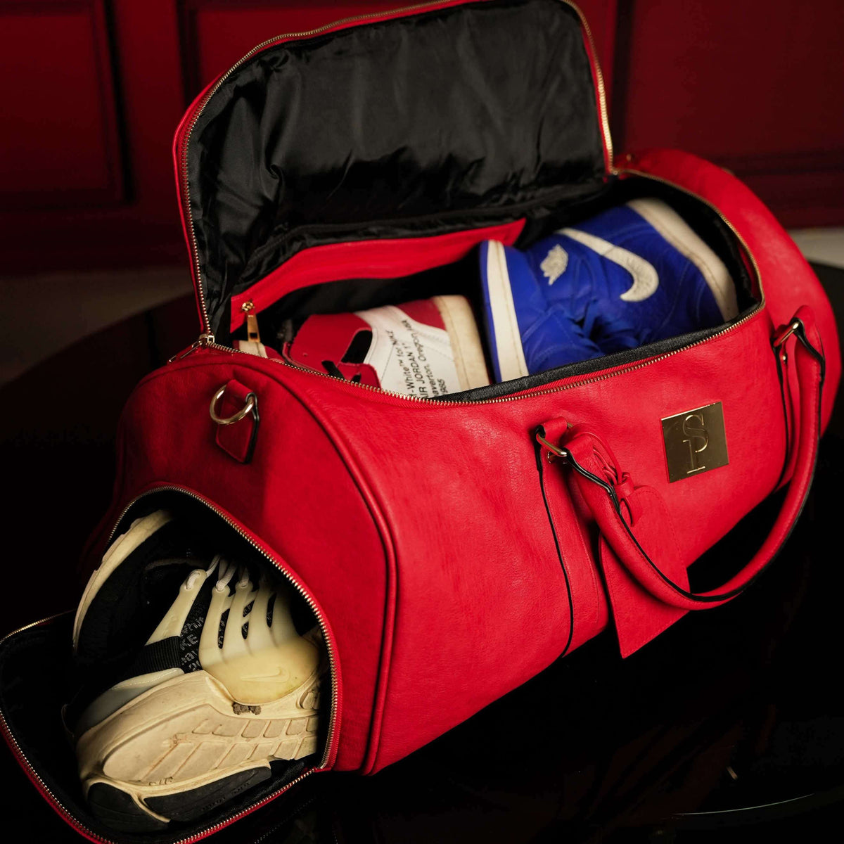 Sole Premise Red Tumbled Leather Weekender Duffle Bag