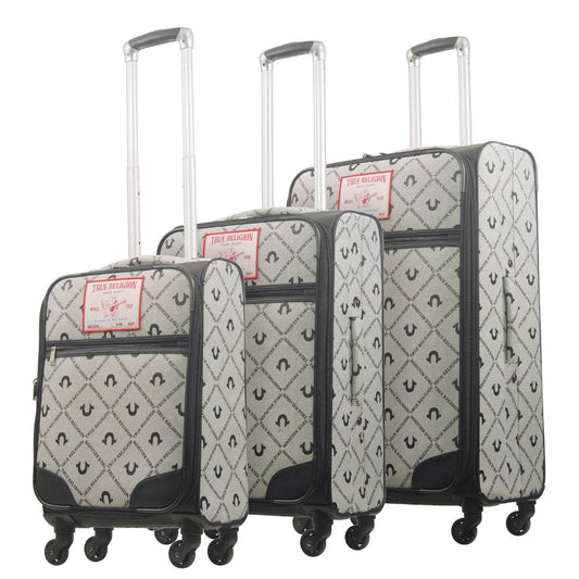 True Religion Grey 3-Piece Soft Sided Monogram Spinner Luggage Set - Stiles Supply Co.