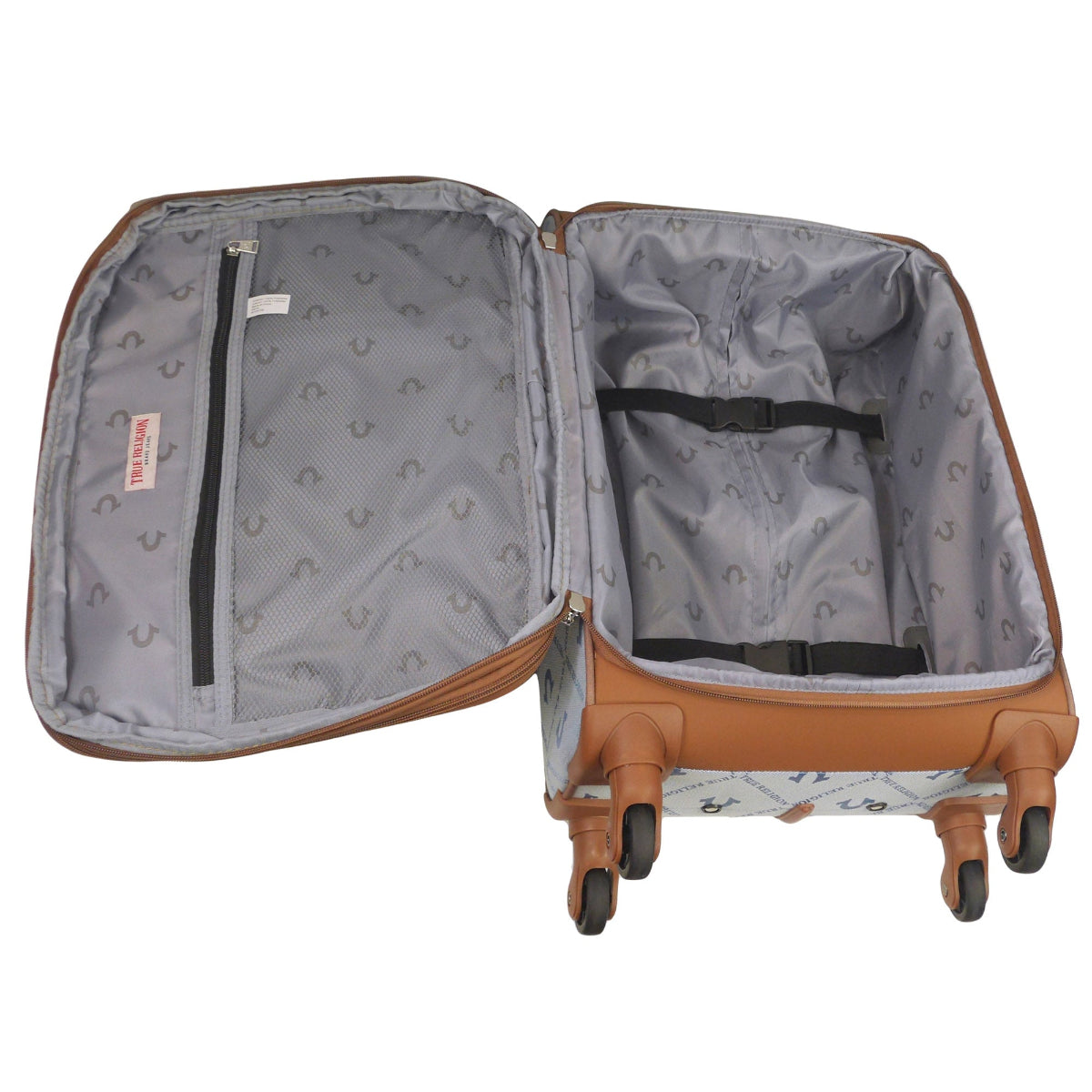 True Religion Light Blue 23" Soft Sided Logo Monogram Spinner Luggage - Stiles Supply Co.