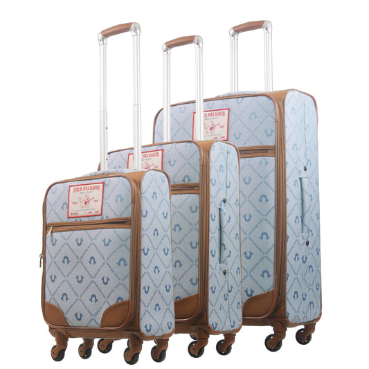 True Religion Light Blue 3-Piece Soft Sided Monogram Spinner Luggage Set - Stiles Supply Co.