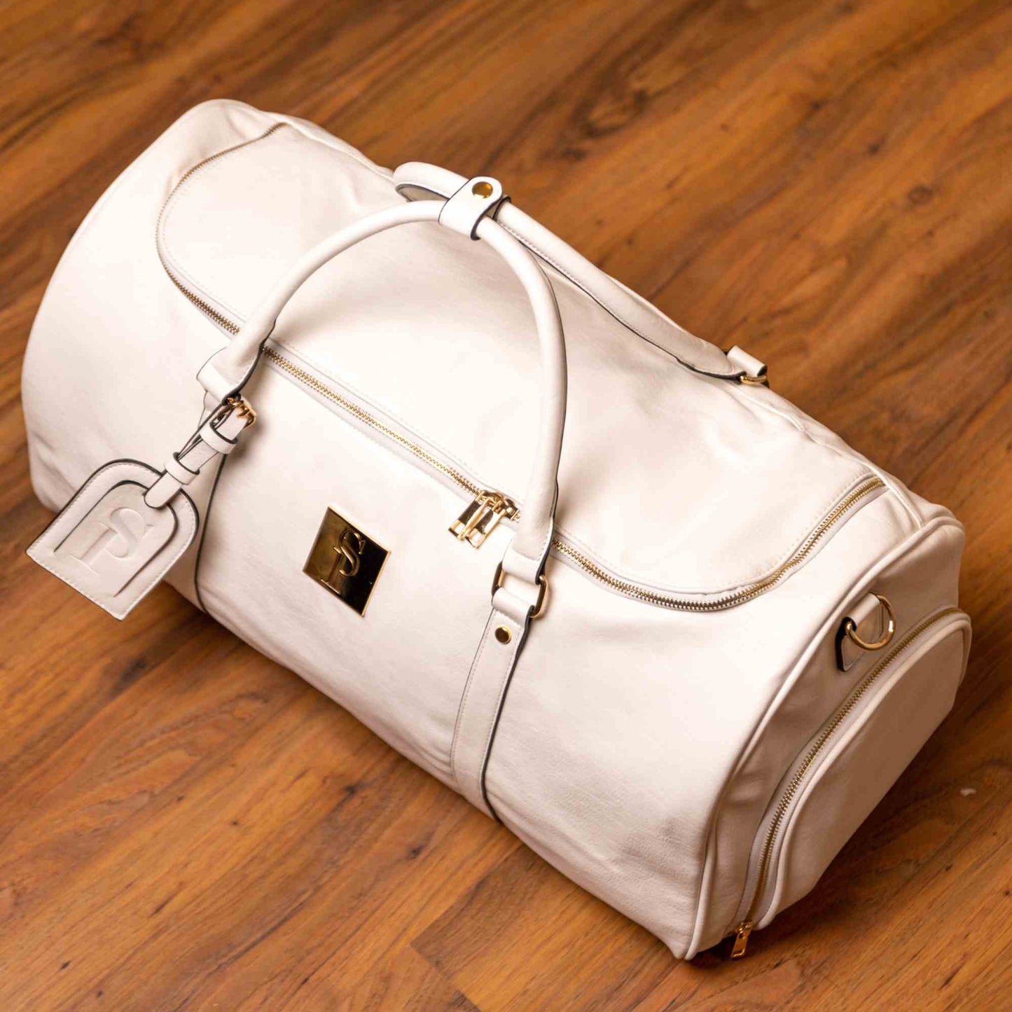 Sole Premise White Leather Weekender Duffle Bag