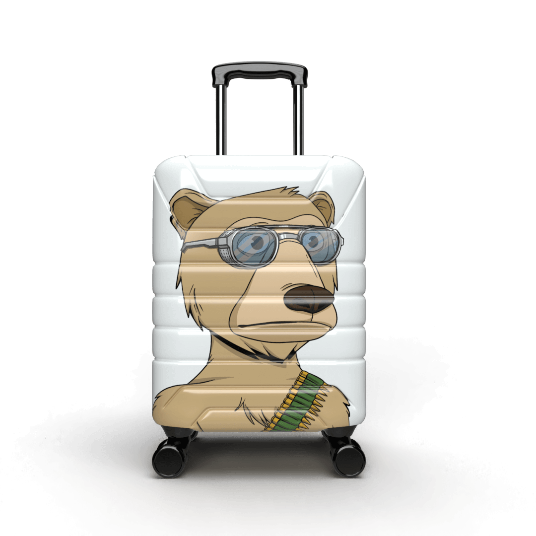 White hardshell carry on suitcase with a brown bear with an ammo belt