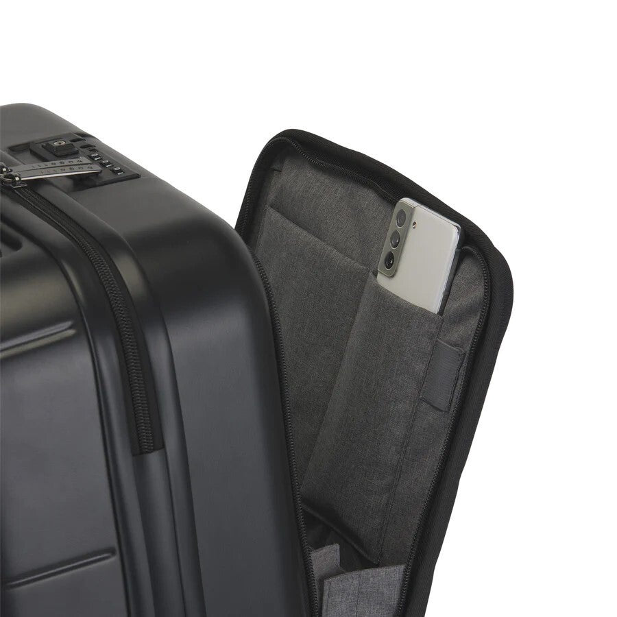 Bugatti Paros luggage with front storage pocket open. Storage pocket for cell phone and other small accessories shown.