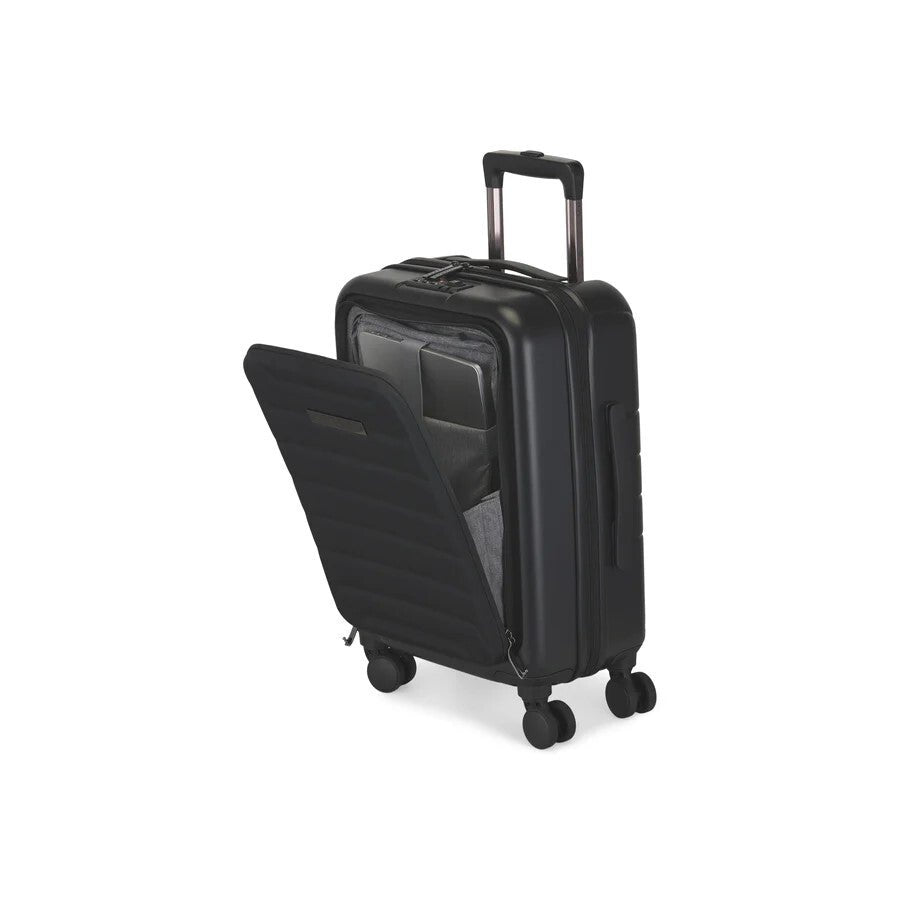 Bugatti Paros carry on luggage with front zippered pocket open displaying tablet in padded section.