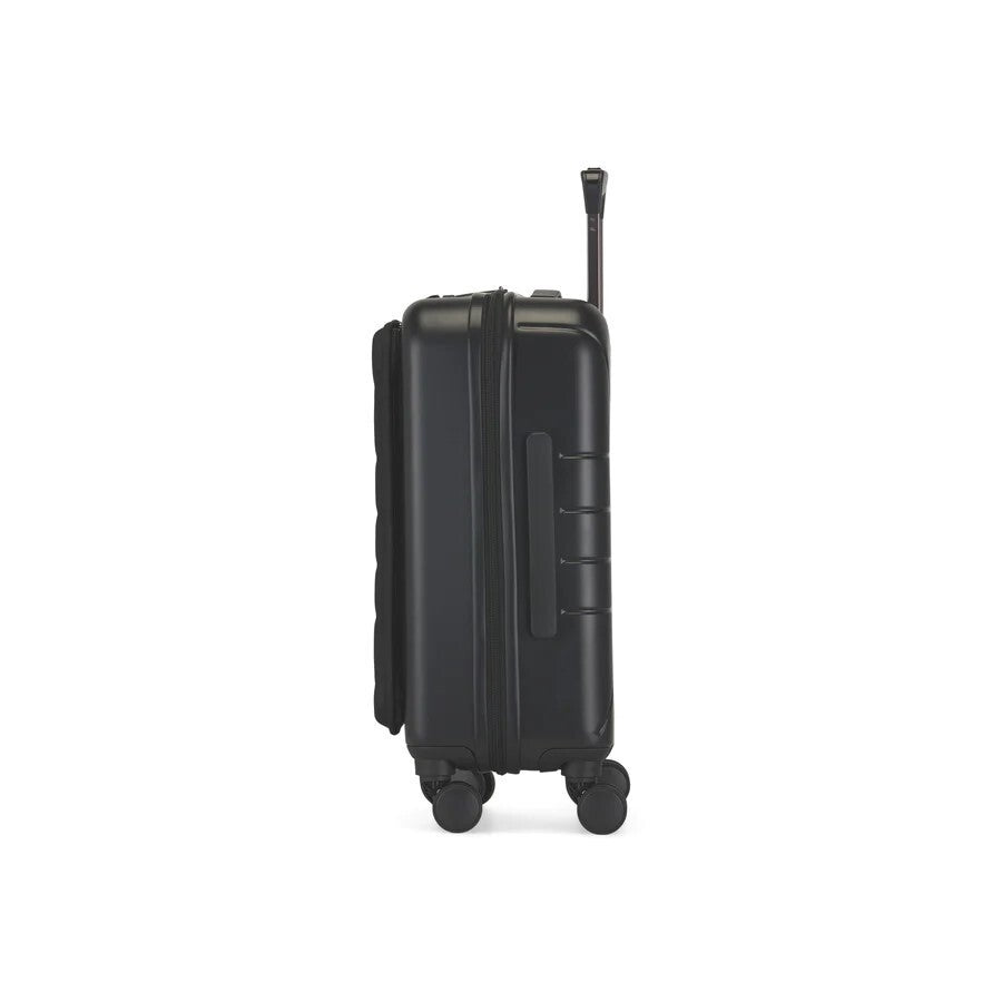 Side view of black Bugatti Paros luggage. Telescopic and side carry handles shown with 360-degree spinner style wheels.