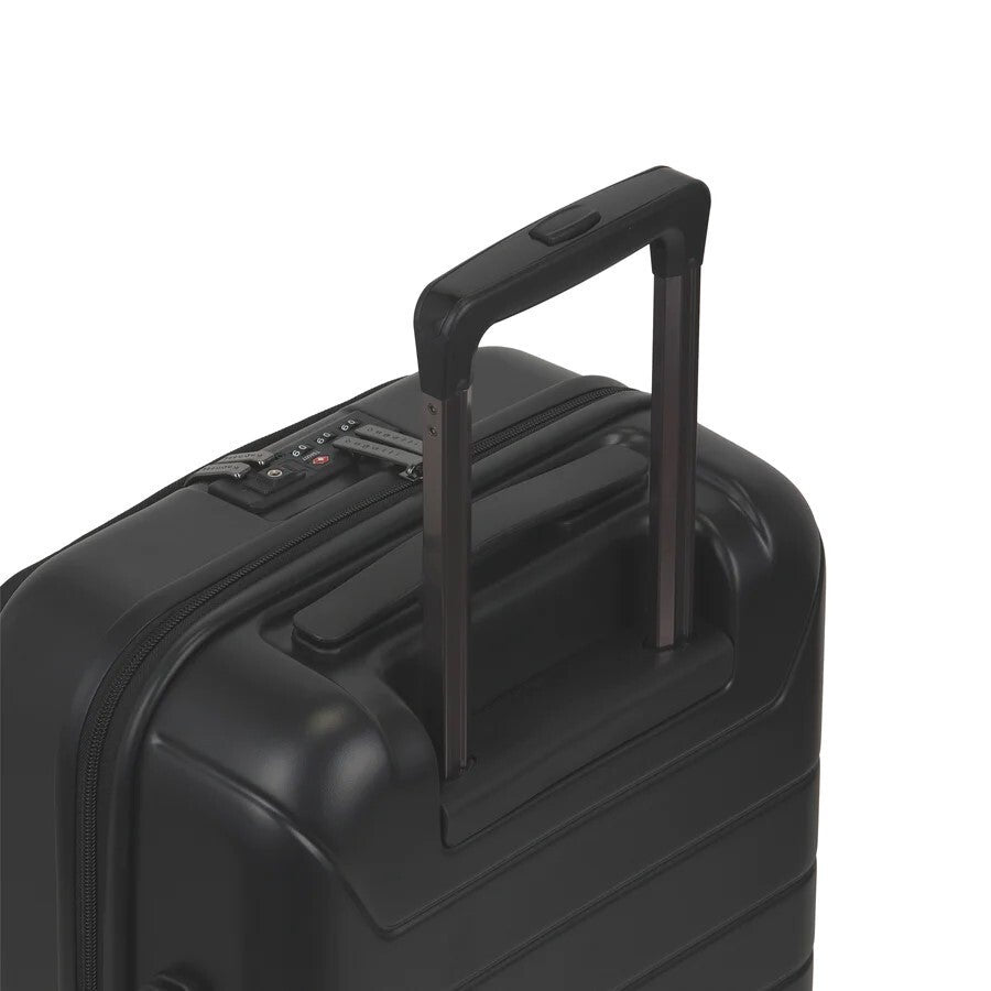 Extended telescopic handle on Bugatti Paros luggage. Black hardshell suitcase with durable handles and TSA approved locks.
