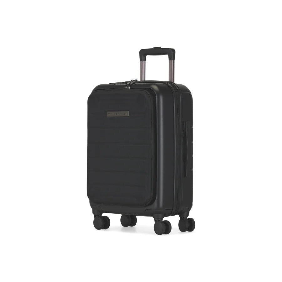 Paros carry-on luggage from Bugatti. Hardcase black luggage from angle showing spinner wheels and carry handles.