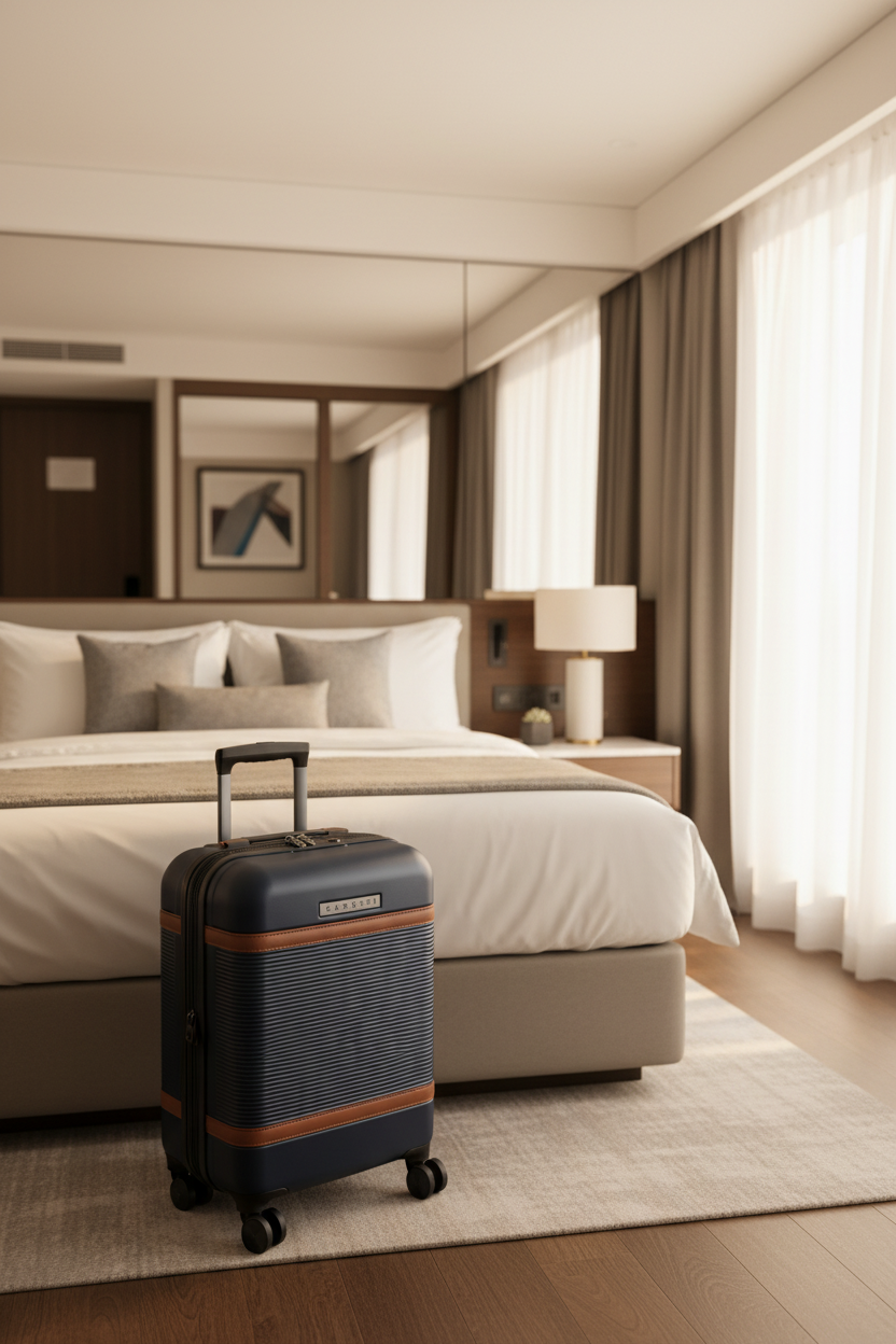 Hotel room with Wellington navy carry-on