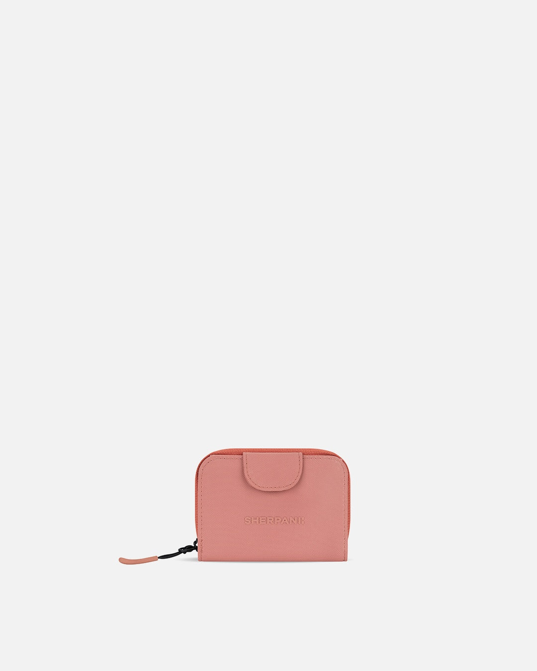Pink wallet with brand name on a light beige background