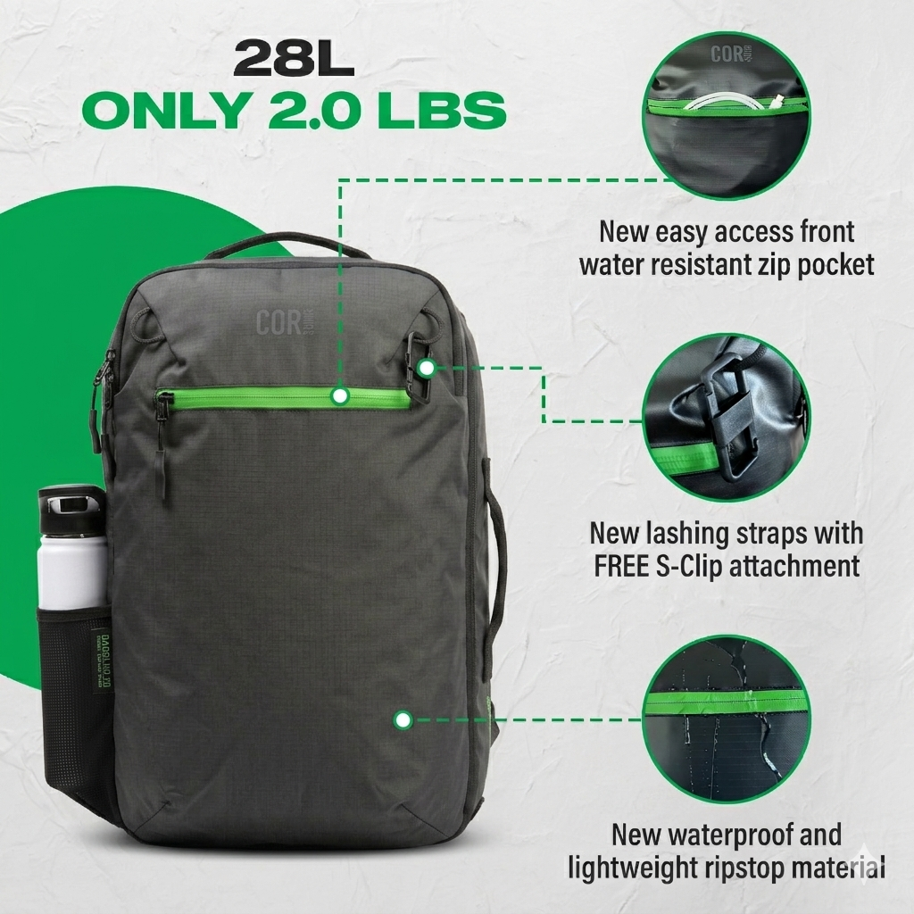 COR Surf Island Hopper 2.0 Travel Backpack – New Matte Black | Lightweight Waterproof 28L & 34L