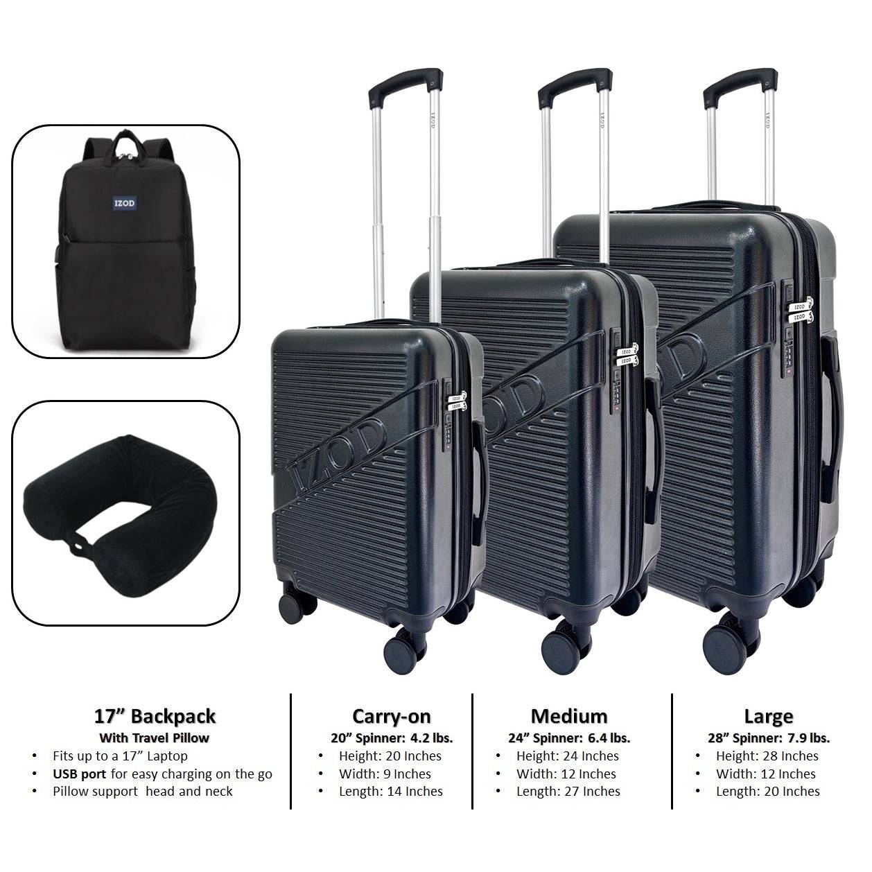IZOD Harper Expandable ABS Hard shell Luggage 5 Piece Travel Set - Stiles Supply Co.
