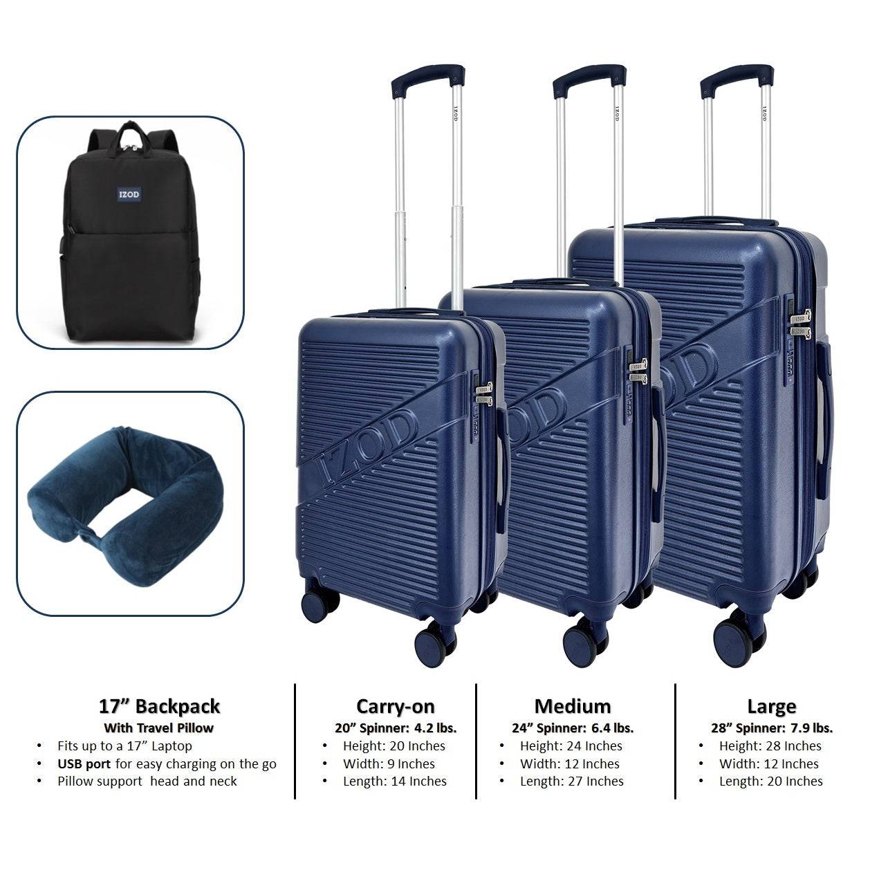 IZOD Harper Expandable ABS Hard shell Luggage 5 Piece Travel Set - Stiles Supply Co.