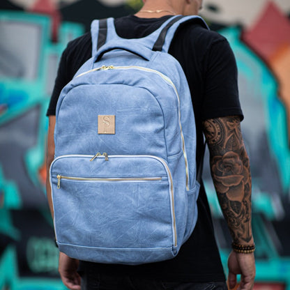 Sole Premise Baby Blue Leather Commuter Sneaker Backpack