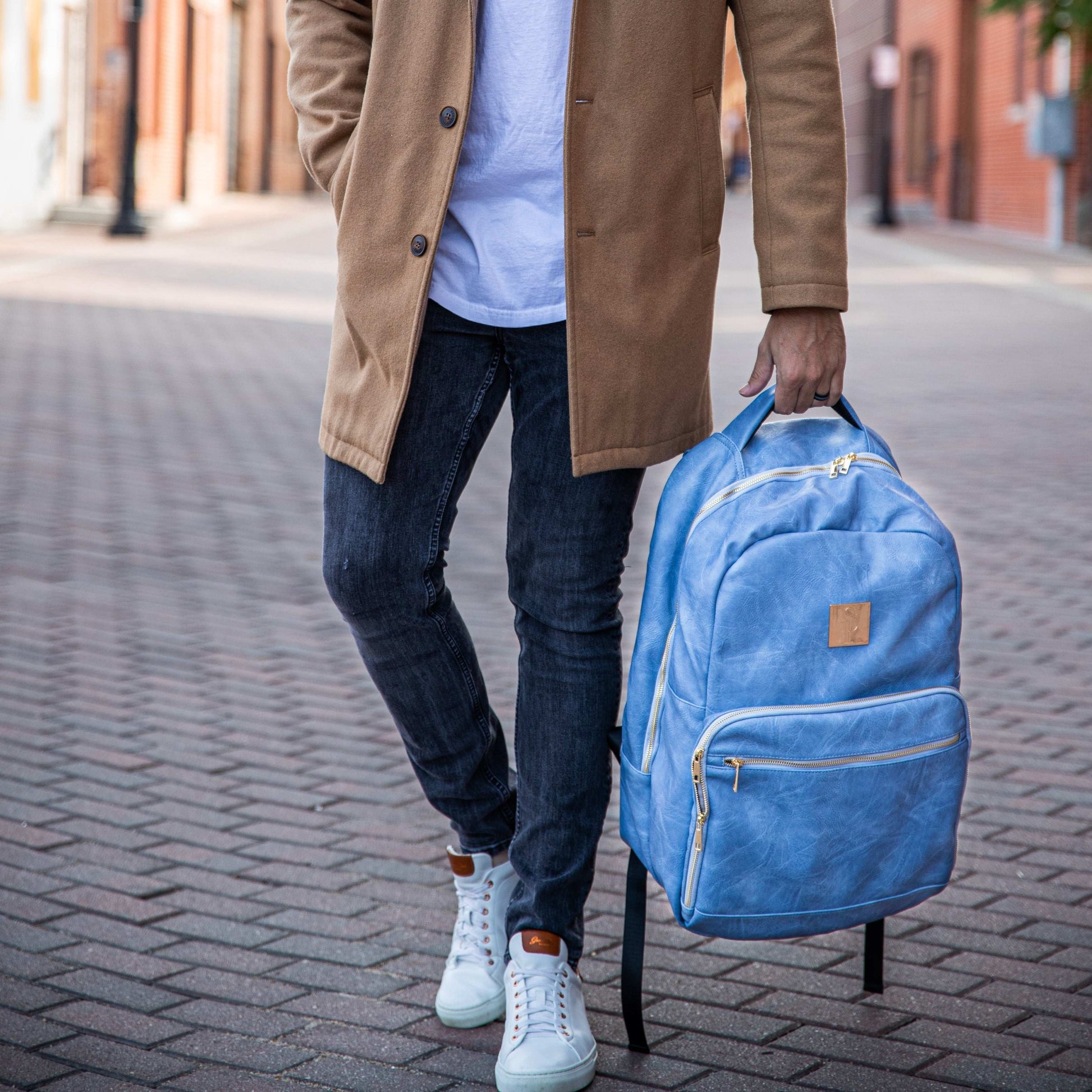 Sole Premise Baby Blue Leather Commuter Backpack