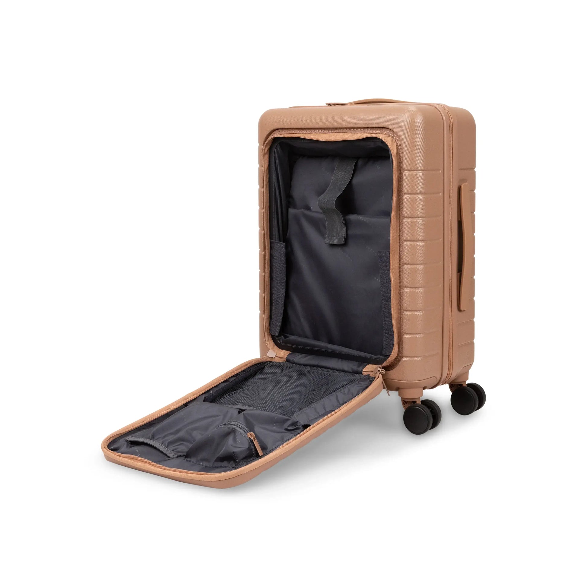 Open tan suitcase on a white background