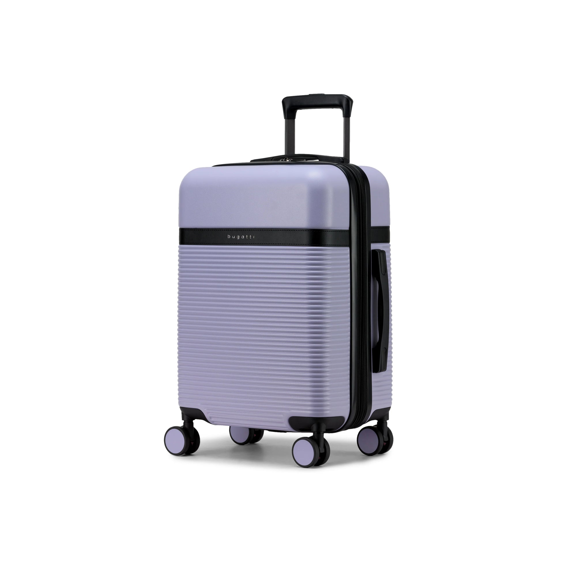 Light purple suitcase with black accents on a white background