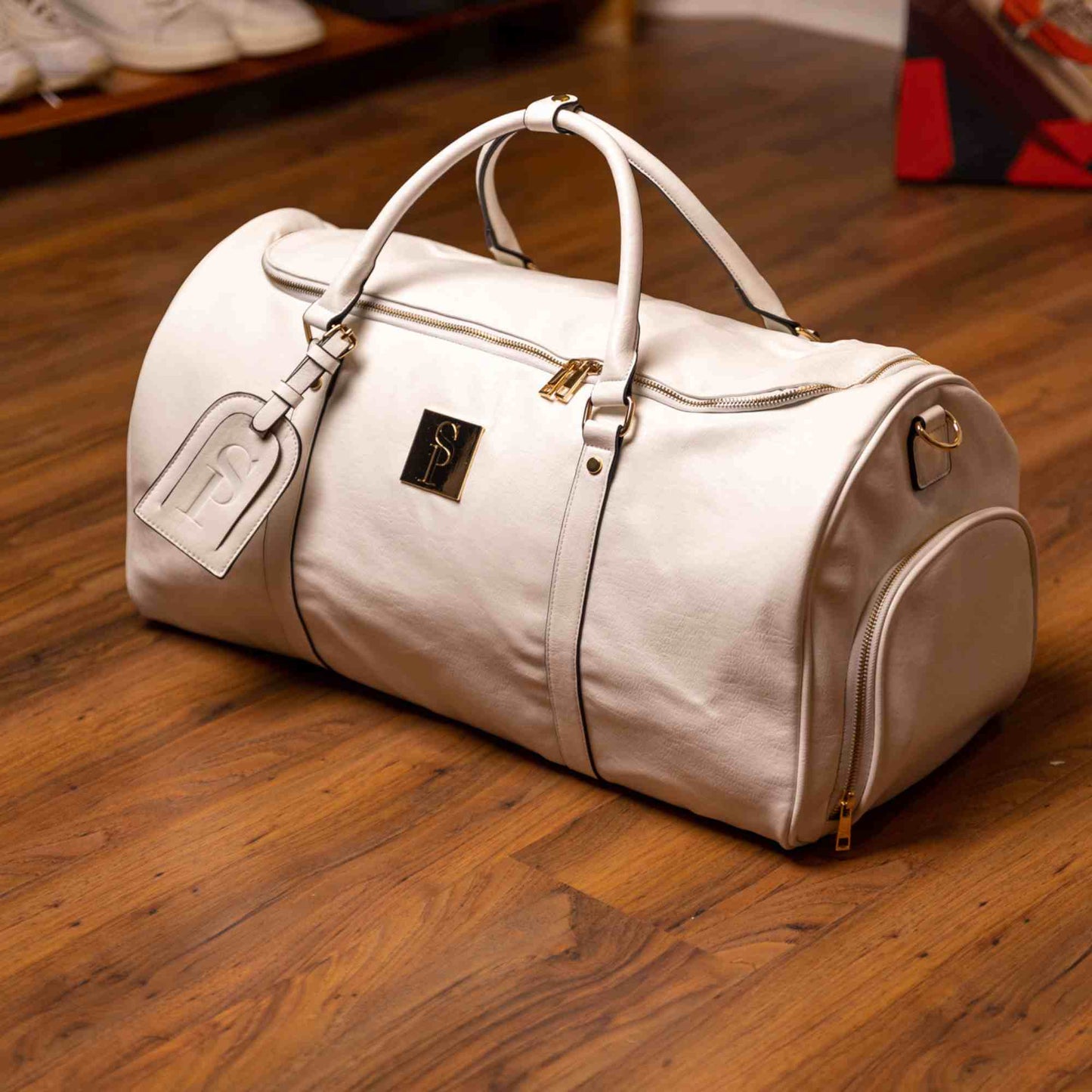 Sole Premise White Leather Weekender Duffle Bag