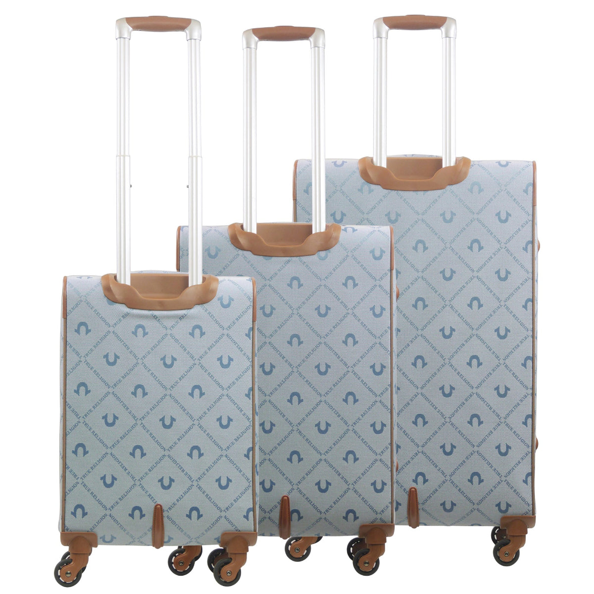 True Religion Light Blue 3-Piece Soft Sided Monogram Spinner Luggage Set - Stiles Supply Co.