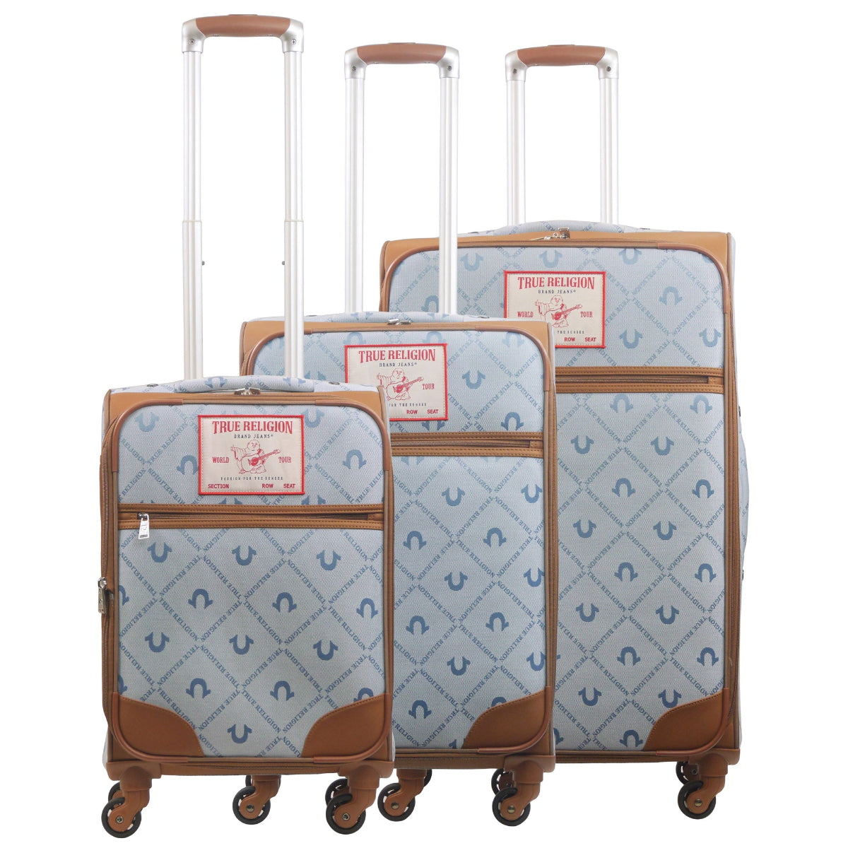 True Religion Light Blue 3-Piece Soft Sided Monogram Spinner Luggage Set - Stiles Supply Co.