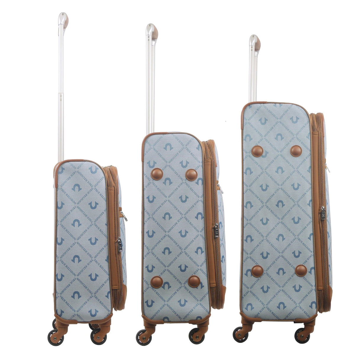 True Religion Light Blue 3-Piece Soft Sided Monogram Spinner Luggage Set - Stiles Supply Co.
