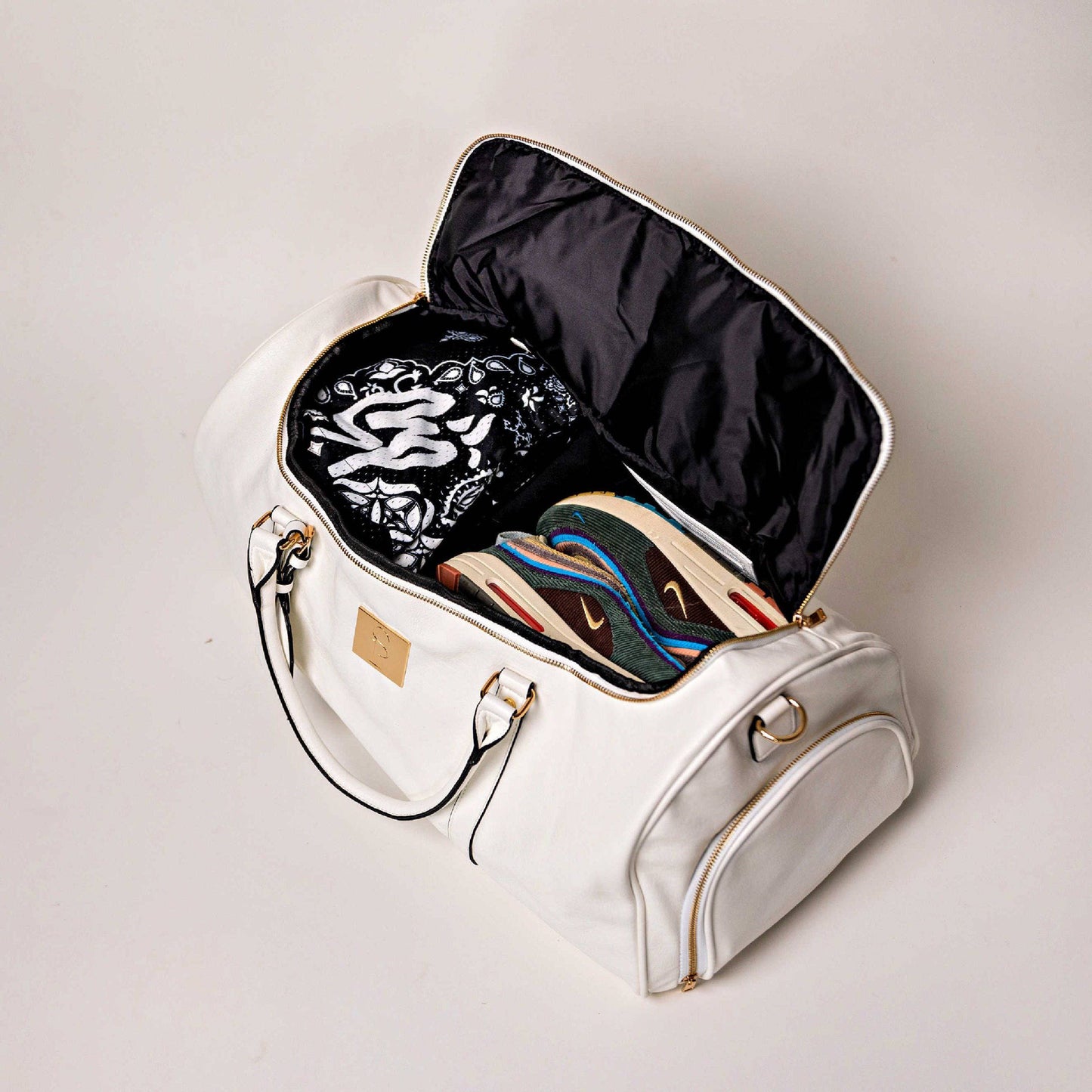 Sole Premise White Leather Weekender Duffle Bag