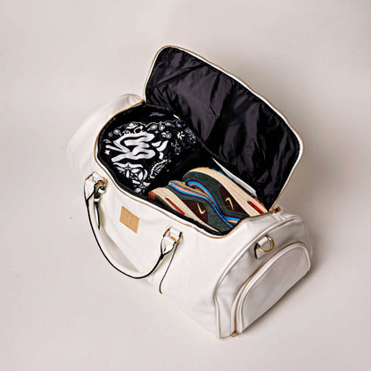 Sole Premise White Leather Weekender Duffle Bag