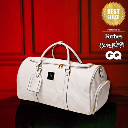 Sole Premise White Leather Weekender Duffle Bag