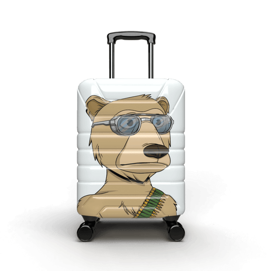 White hardshell carry on suitcase with a brown bear with an ammo belt