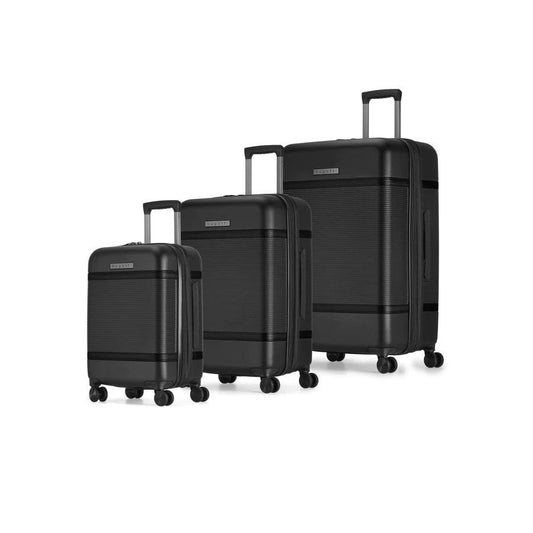 Bugatti Wellington luggage set in black against a white background at an angle. Three different luggage sizes for short to long trips.