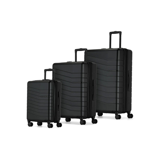 Bugatti 3 piece luggage set from Munich collection. Black, hardcase luggage set showing three sizes.