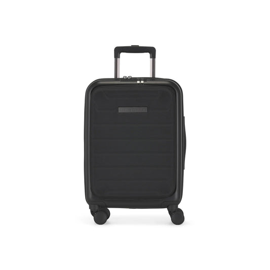 Bugatti Paros collection hardcase carry on luggage. Front view of suitcase in black.