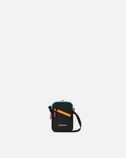 Black crossbody bag with colorful accents on a white background