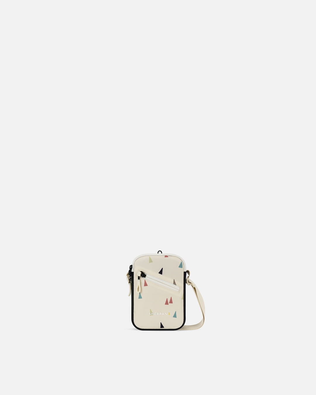 Small crossbody bag with geometric pattern on a white background