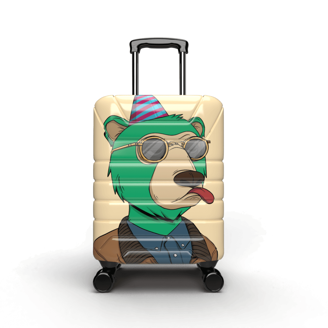 Green cartoon bear with a displeased look on a tan colored hardcase carry on suitcase