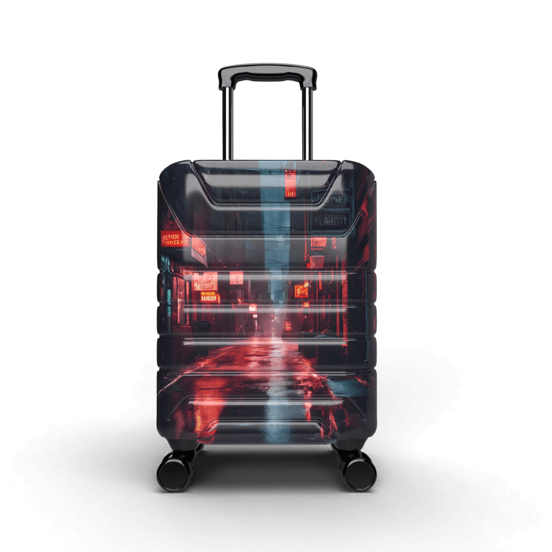 carry on suitcase with image of dark, rainy, neon-lit alley way
