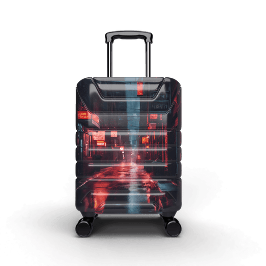 carry on suitcase with image of dark, rainy, neon-lit alley way