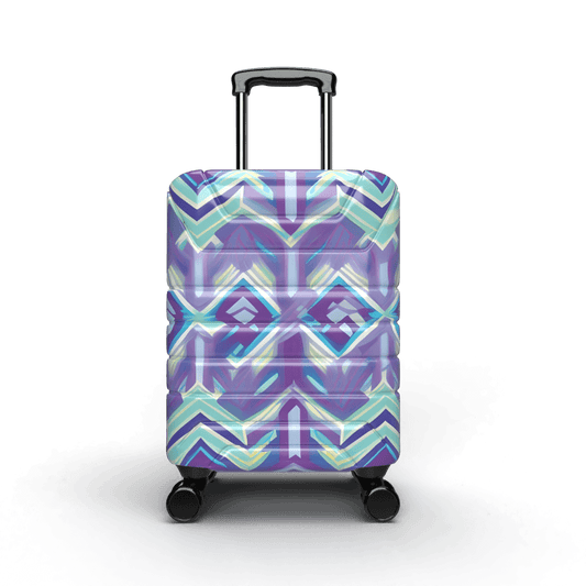 carryon luggage with a purple and teal geometric pattern