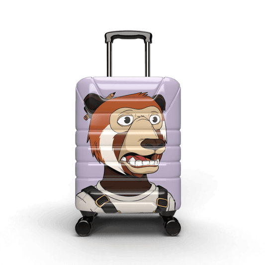 Carry on suitcase with hard shell. Fun cartoon red panda with surprised expression.