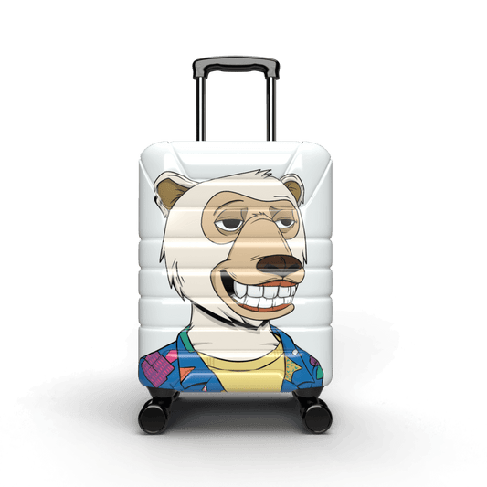 White carry on luggage with a polar bear in a vibrant shirt