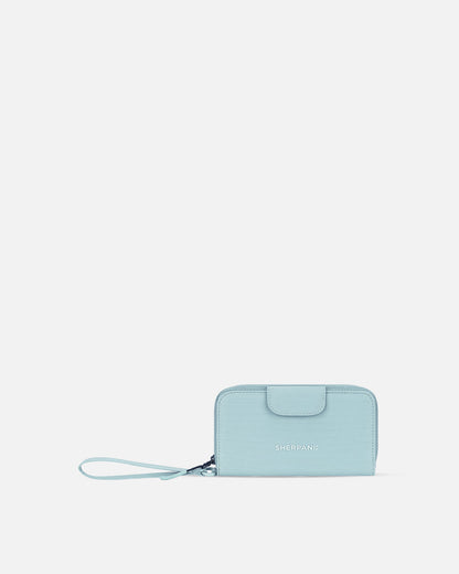 Light blue wallet with a strap on a white background