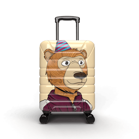 Carry on luggage in tan color with a cheerful cartoon bear with wooden fur